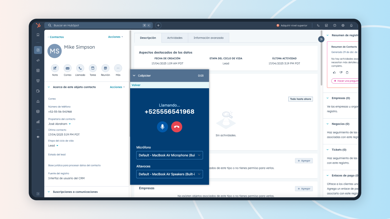Marca desde Callpicker usando el botón “Llamar” en HubSpot.